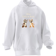 Nmg Tekstil Unisex Premium Pamuk Beyaz  Chip And Dale Baskılı 3 Iplik Kapüşonlu Sweatshirt