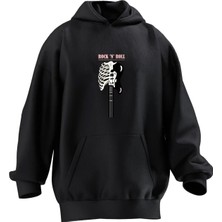 Nmg Tekstil Unisex Premium Pamuk Siyah  Iskelet Elektro Gitar Baskılı 3 Iplik Kapüşonlu Sweatshirt