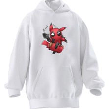 Nmg Tekstil Unisex Premium Pamuk Beyaz  Pikachu Dead Baskılı 3 Iplik Kapüşonlu Sweatshirt