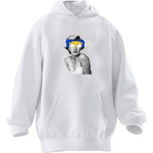 Nmg Tekstil Unisex Premium Pamuk Beyaz Sipson Göz Kadın Baskılı 3 Iplik Kapüşonlu Sweatshirt