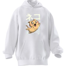 Nmg Tekstil Unisex Premium Pamuk Beyaz  Japon Kedicik Baskılı 3 Iplik Kapüşonlu Sweatshirt