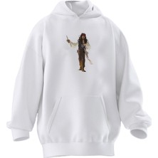 Nmg Tekstil Unisex Premium Pamuk Beyaz  Karayip Çizim Karikatür Baskılı 3 Iplik Kapüşonlu Sweatshirt