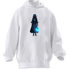 Nmg Tekstil Unisex Premium Pamuk Beyaz  Mavi Çantalı Anime Baskılı 3 Iplik Kapüşonlu Sweatshirt