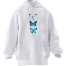 Nmg Tekstil Unisex Premium Pamuk Beyaz  3lü Mavi Kelebek Baskılı 3 Iplik Kapüşonlu Sweatshirt