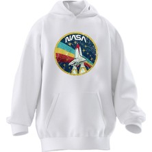 Nmg Tekstil Unisex Premium Pamuk Beyaz  Nasa Araç Baskılı 3 Iplik Kapüşonlu Sweatshirt