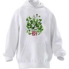 Nmg Tekstil Unisex Premium Pamuk Beyaz  Area Yeşil Baskılı 3 Iplik Kapüşonlu Sweatshirt