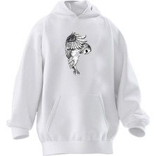 Nmg Tekstil Unisex Premium Pamuk Beyaz  Baykuş Iniş Baskılı 3 Iplik Kapüşonlu Sweatshirt