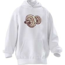 Nmg Tekstil Unisex Premium Pamuk Beyaz  Beşlik Dumbell Baskılı 3 Iplik Kapüşonlu Sweatshirt
