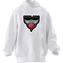 Nmg Tekstil Unisex Premium Pamuk Beyaz  Bon Jov Baskılı 3 Iplik Kapüşonlu Sweatshirt