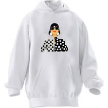 Nmg Tekstil Unisex Premium Pamuk Beyaz  Siyah Gömlekli Kadın Baskılı 3 Iplik Kapüşonlu Sweatshirt