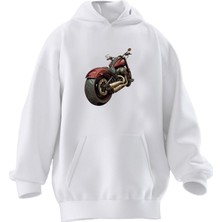 Nmg Tekstil Unisex Premium Pamuk Beyaz  Choper Moto Baskılı 3 Iplik Kapüşonlu Sweatshirt