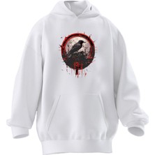 Nmg Tekstil Unisex Premium Pamuk Beyaz  Karga Savaş Baskılı 3 Iplik Kapüşonlu Sweatshirt
