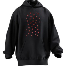 Nmg Tekstil Unisex Premium Pamuk Siyah Uğur Böcekleri Baskılı 3 Iplik Kapüşonlu Sweatshirt