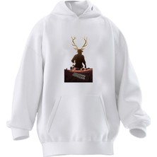 Nmg Tekstil Unisex Premium Pamuk Beyaz  Arthur Morgan Geyik Baskılı 3 Iplik Kapüşonlu Sweatshirt