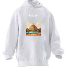 Nmg Tekstil Unisex Premium Pamuk Beyaz  Caire Mısır Baskılı 3 Iplik Kapüşonlu Sweatshirt