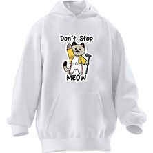 Nmg Tekstil Unisex Premium Pamuk Beyaz  Dont Stop Meaw Baskılı 3 Iplik Kapüşonlu Sweatshirt