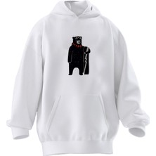 Nmg Tekstil Unisex Premium Pamuk Beyaz  Kaykaylı Ayı Baskılı 3 Iplik Kapüşonlu Sweatshirt