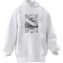 Nmg Tekstil Unisex Premium Pamuk Beyaz  LED Zeppelin Poster Baskılı 3 Iplik Kapüşonlu Sweatshirt