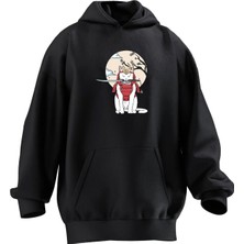 Nmg Tekstil Unisex Premium Pamuk Siyah  Kılıçlı Kedi Baskılı 3 Iplik Kapüşonlu Sweatshirt