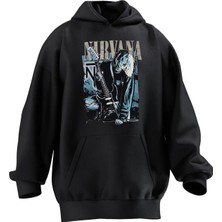 Nmg Tekstil Unisex Premium Pamuk Siyah  Nirvana Grup Poster Baskılı 3 Iplik Kapüşonlu Sweatshirt