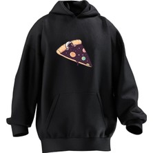 Nmg Tekstil Unisex Premium Pamuk Siyah  Pizza Astronot Baskılı 3 Iplik Kapüşonlu Sweatshirt