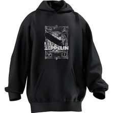 Nmg Tekstil Unisex Premium Pamuk Siyah  LED Zeppelin Poster Baskılı 3 Iplik Kapüşonlu Sweatshirt