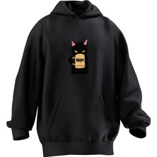 Nmg Tekstil Unisex Premium Pamuk Siyah  Nope Kedi Baskılı 3 Iplik Kapüşonlu Sweatshirt