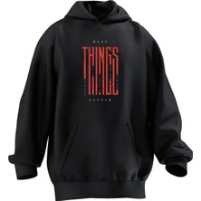Nmg Tekstil Unisex Premium Pamuk Siyah Things Yazı Baskılı 3 Iplik Kapüşonlu Sweatshirt