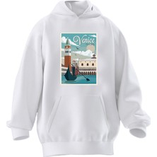 Nmg Tekstil Unisex Premium Pamuk Beyaz Venice Poster Baskılı 3 Iplik Kapüşonlu Sweatshirt