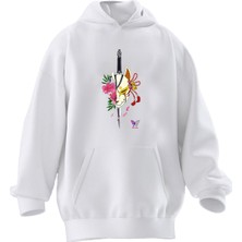 Nmg Tekstil Unisex Premium Pamuk Beyaz Yarım Yüz Kedi Baskılı 3 Iplik Kapüşonlu Sweatshirt