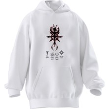 Nmg Tekstil Unisex Premium Pamuk Beyaz Yıldız Hilal Desen Baskılı 3 Iplik Kapüşonlu Sweatshirt