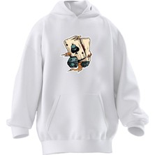 Nmg Tekstil Unisex Premium Pamuk Beyaz Zar Kart Baskılı 3 Iplik Kapüşonlu Sweatshirt