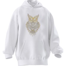 Nmg Tekstil Unisex Premium Pamuk Beyaz  Işlemeli Baykuş Desen Baskılı 3 Iplik Kapüşonlu Sweatshirt