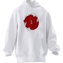 Nmg Tekstil Unisex Premium Pamuk Beyaz  Japon Balina Baskılı 3 Iplik Kapüşonlu Sweatshirt