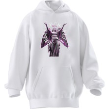 Nmg Tekstil Unisex Premium Pamuk Beyaz  Mor Kanatlı Heykel Baskılı 3 Iplik Kapüşonlu Sweatshirt