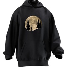 Nmg Tekstil Unisex Premium Pamuk Siyah  Dolunay Çam Geyik Baskılı 3 Iplik Kapüşonlu Sweatshirt