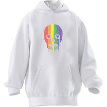 Nmg Tekstil Unisex Premium Pamuk Beyaz  Kurukafa Renkli Baskılı 3 Iplik Kapüşonlu Sweatshirt