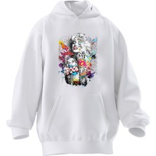 Nmg Tekstil Unisex Premium Pamuk Beyaz  Marlyn Renkli Baskılı 3 Iplik Kapüşonlu Sweatshirt