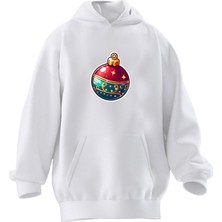 Nmg Tekstil Unisex Premium Pamuk Beyaz Süs Top Yılbaşı Baskılı 3 Iplik Kapüşonlu Sweatshirt