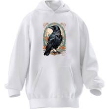 Nmg Tekstil Unisex Premium Pamuk Beyaz  Karga Motif Baskılı 3 Iplik Kapüşonlu Sweatshirt