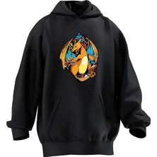 Nmg Tekstil Unisex Premium Pamuk Siyah  Charizart Pokemon Baskılı 3 Iplik Kapüşonlu Sweatshirt