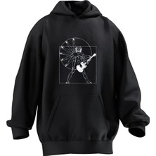 Nmg Tekstil Unisex Premium Pamuk Siyah  Dönen Gitar Baskılı 3 Iplik Kapüşonlu Sweatshirt