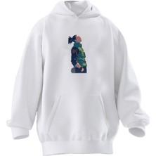 Nmg Tekstil Unisex Premium Pamuk Beyaz Uzun Saçlı Erkek Baskılı 3 Iplik Kapüşonlu Sweatshirt