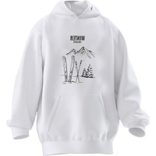 Nmg Tekstil Unisex Premium Pamuk Beyaz Winter Baskılı 3 Iplik Kapüşonlu Sweatshirt