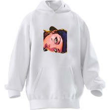 Nmg Tekstil Unisex Premium Pamuk Beyaz Yan Bakan Kız Baskılı 3 Iplik Kapüşonlu Sweatshirt