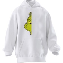 Nmg Tekstil Unisex Premium Pamuk Beyaz Yeşil Kurbağa Yarım Baskılı 3 Iplik Kapüşonlu Sweatshirt