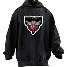 Nmg Tekstil Unisex Premium Pamuk Siyah  Bon Jov Baskılı 3 Iplik Kapüşonlu Sweatshirt
