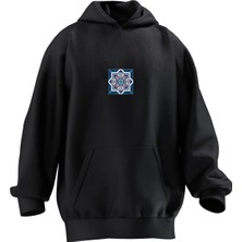 Nmg Tekstil Unisex Premium Pamuk Siyah  Çini Karo Baskılı 3 Iplik Kapüşonlu Sweatshirt