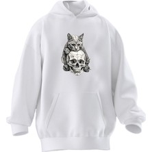 Nmg Tekstil Unisex Premium Pamuk Beyaz  Kedi Kurukafa Baskılı 3 Iplik Kapüşonlu Sweatshirt