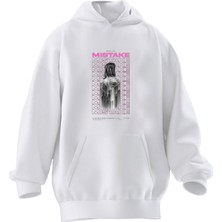 Nmg Tekstil Unisex Premium Pamuk Beyaz  Mistake Pink Baskılı 3 Iplik Kapüşonlu Sweatshirt